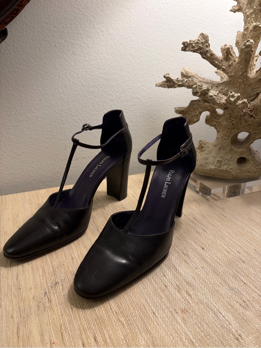 Ralph Lauren Black Leather T-Strap Block Heels